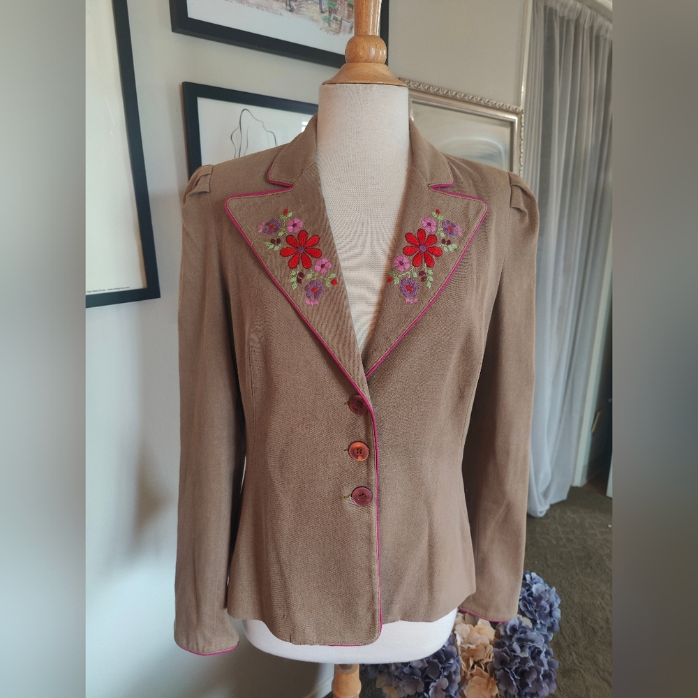 Cocoa Denim Blazer with Floral Accents